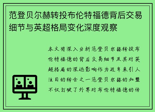 范登贝尔赫转投布伦特福德背后交易细节与英超格局变化深度观察